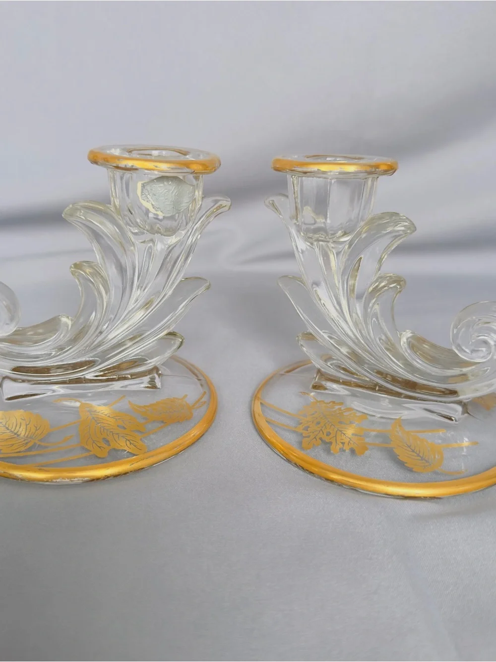 Vintage Fosteria Baraque Taper Candle Holders 22K Overlay Cornucopia Glass Art